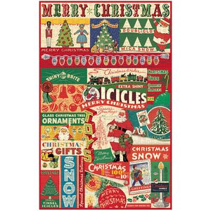 The Cavallini Papers and Co Vintage Christmas 500 Piece Puzzle features nostalgic Santa, trees, ornaments, and festive greetings in classic red, green, and yellow—making it the perfect holiday activity.