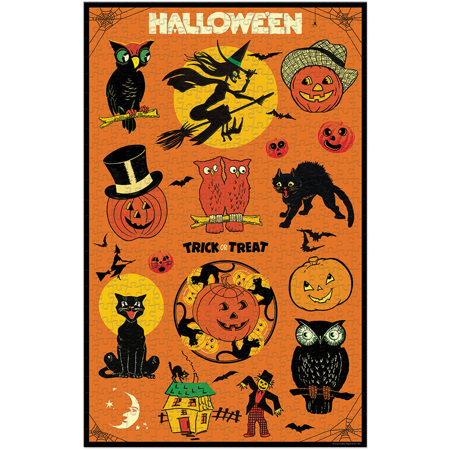 The Cavallini Papers and Co Halloween Vintage 500 Piece Puzzle features vintage-inspired illustrations of witches, black cats, owls, pumpkins, bats, and a haunted house with "HALLOWEEN" at the top—a perfect gift for puzzle lovers.