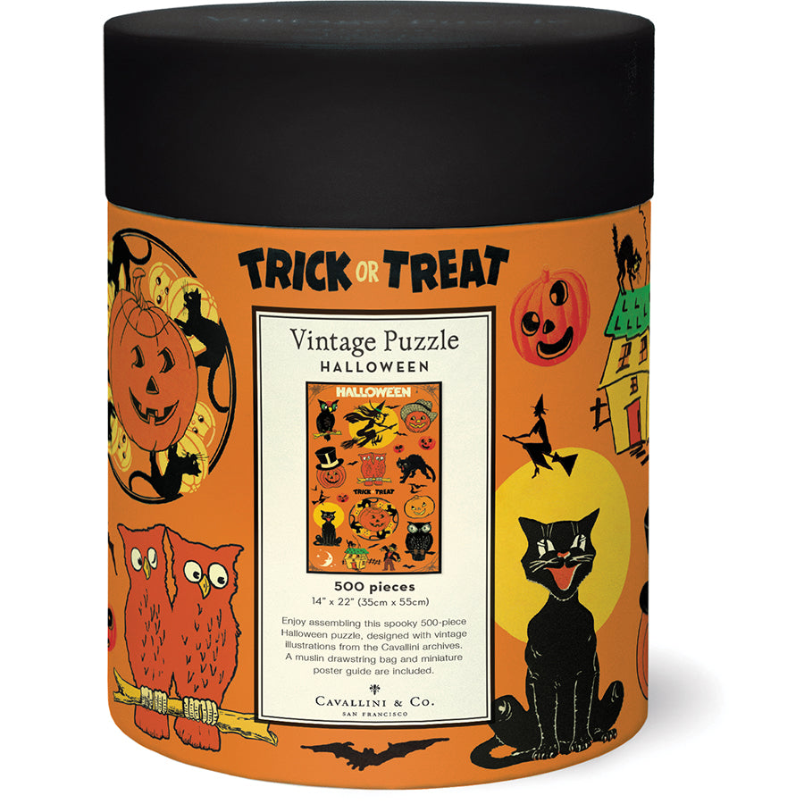 The Cavallini Papers and Co Halloween Vintage 500 Piece Puzzle comes in a cylindrical box labeled "Trick or Treat" with vintage owl, black cat, and jack-o'-lantern art inspired by the Cavallini archives.