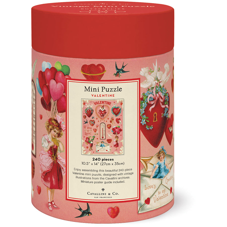 The Valentine Mini Puzzle by Cavallini Papers and Co comes in a cylindrical box with vintage Valentine illustrations and holds a charming 240-piece puzzle.