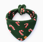The Foggy Dog Knit Candy Cane Dog Bandana in green with a repeating white and red candy cane pattern, tied in a knot as a festive dog collar.