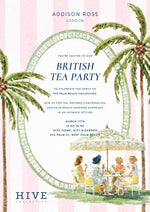 Join an Addison Ross Afternoon Tea Party by HIVE—three women and a girl gather outdoors under a floral umbrella, with palm trees and a pink striped backdrop.