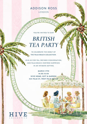 Join an Addison Ross Afternoon Tea Party by HIVE—three women and a girl gather outdoors under a floral umbrella, with palm trees and a pink striped backdrop.