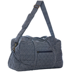 John Robshaw Cinde Indigo Quilted Bag featuring a blue and white patterned print, an adjustable shoulder strap, an exterior zippered pocket, and a laptop compartment.