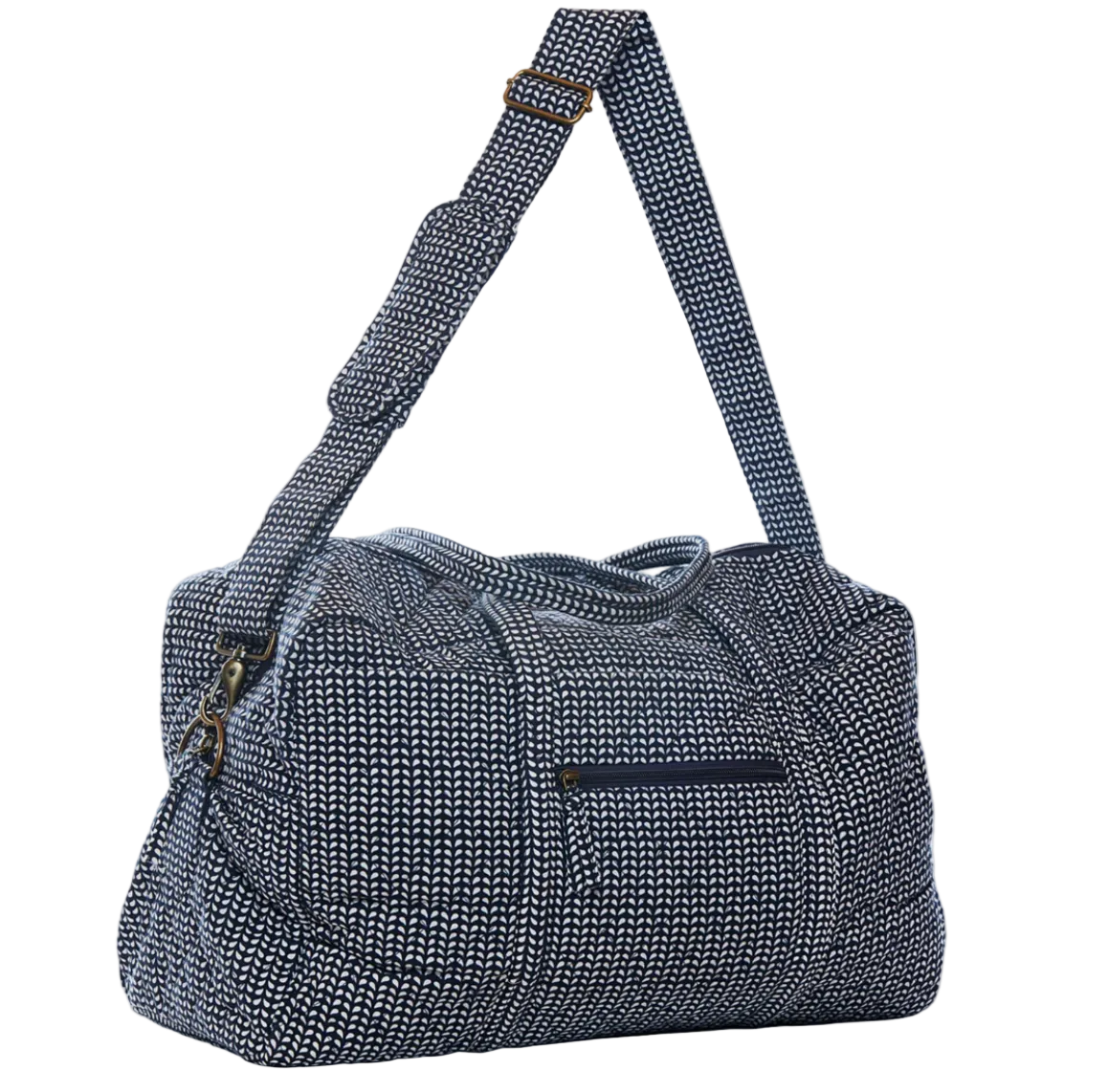 John Robshaw Cinde Indigo Quilted Bag featuring a blue and white patterned print, an adjustable shoulder strap, an exterior zippered pocket, and a laptop compartment.