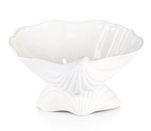 The La Coquille Stoneware Clam Shell Bowl by Zodax boasts a glossy white finish, wide wavy rim, and shell-patterned base—an elegant coastal accent for any room.