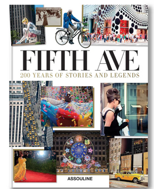 Collage-style book cover for "5th Avenue" by Assouline, a history book featuring scenes and landmarks from New York City's iconic Fifth Avenue over 200 years.