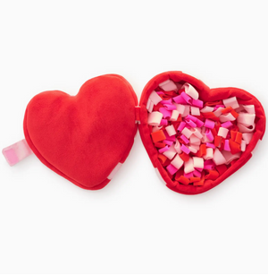 The Foggy Dog Be My Valentine Interactive Snuffle Dog Toy is a plush red heart-shaped toy with pink, red, and white fabric strips—perfect as a Valentine's Day gift or unique snuffle mat for your dog.