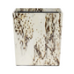 Square Bisbee Bath Collection wastebasket in a cream and brown mottled birdseye burl veneer pattern.