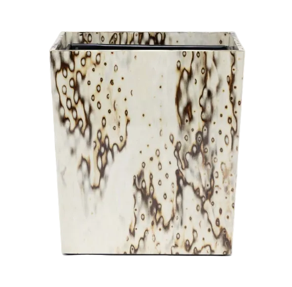 Square Bisbee Bath Collection wastebasket in a cream and brown mottled birdseye burl veneer pattern.