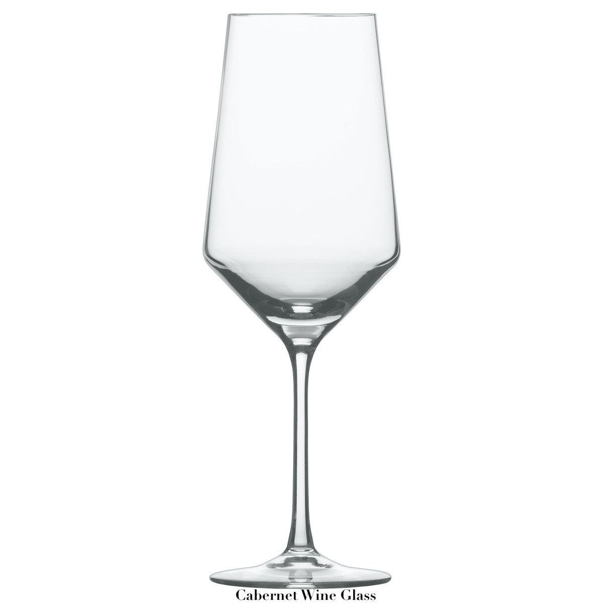 A clear, empty Fortessa Pure Collection cabernet wine glass with a long stem and wide bowl is centered on a white background.