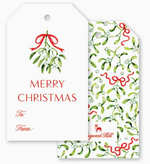Two festive rectangular Isla Bahia Mistletoe Gift Tags with rounded corners, watercolor mistletoe, red ribbons, and “Merry Christmas” with “To:” and “From:” lines for gift wrapping.