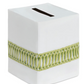Paris Bath Accessories white square premium linen tissue box cover with a green decorative band and a top slit.