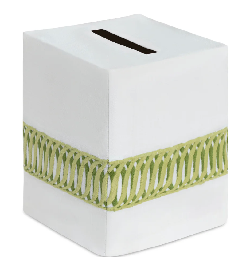 Paris Bath Accessories white square premium linen tissue box cover with a green decorative band and a top slit.