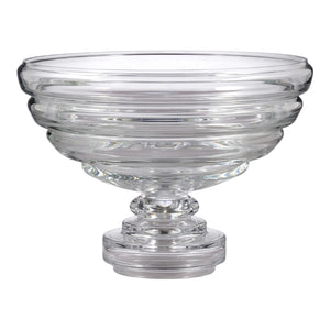 The Global Views Belted Footed Fruit Bowl features clear glass with a wide, flared rim, concentric circular ridges, and a thick pedestal base—an elegant design ideal for displaying fruit.