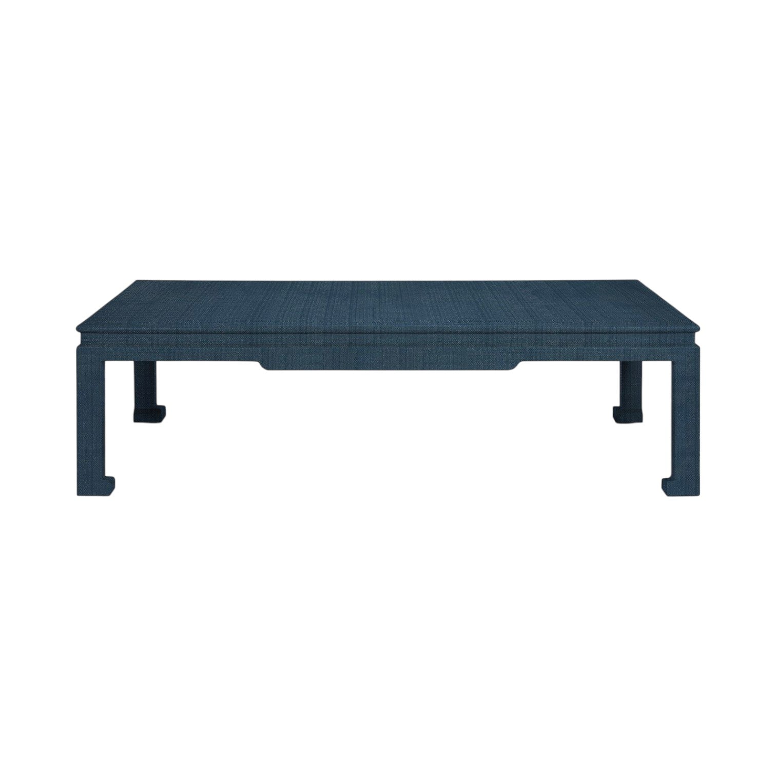 The Wylder Coffee Table by Made Goods is a rectangular blue piece featuring a high gloss linen-textured surface and four straight legs, shown from the front against a white background.