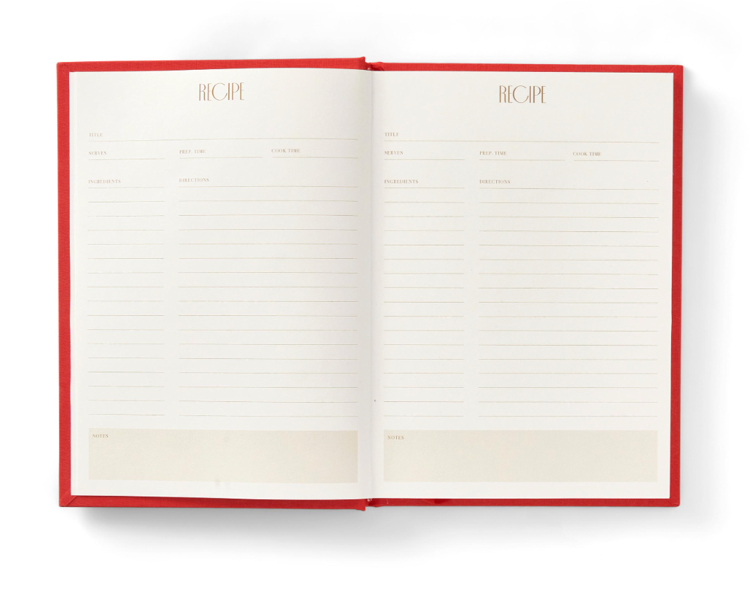 The PrintWorks Today's Special Recipe Book is open, showing blank red-bound pages with sections for title, date, cook time, ingredients, directions, and notes.