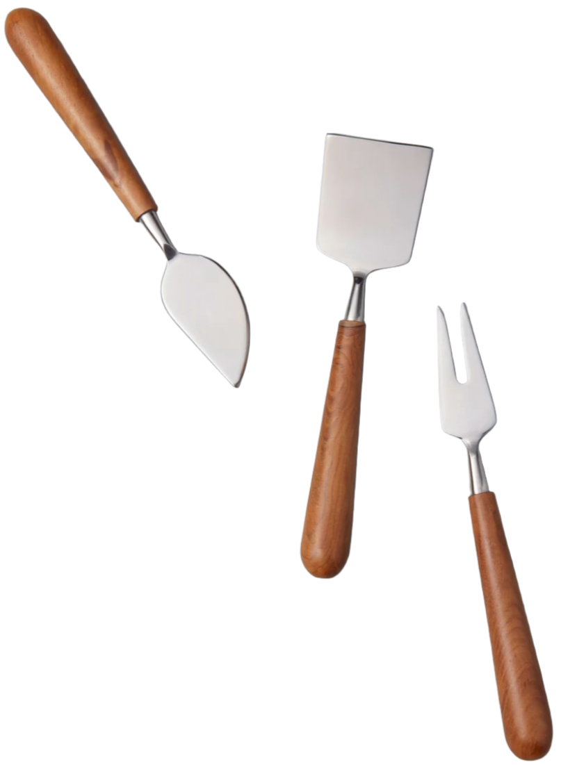 The Be Home Stainless Steel and Teak Cheese Set includes a cheese knife, cheese plane, and cheese fork with elegant teak handles, all displayed on a white background.