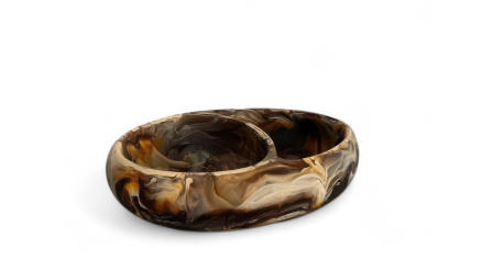 Oval Mocha Resin Serveware Collection dish by Nashi Home with a two-compartment design in a swirling brown, tan, and cream pattern.