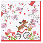 A cartoon dog in a red beret and plaid shirt rides a bike with Caspari's Love Notes Cocktail Napkins and love letters in the basket, surrounded by hearts, flowers, and floating envelopes.