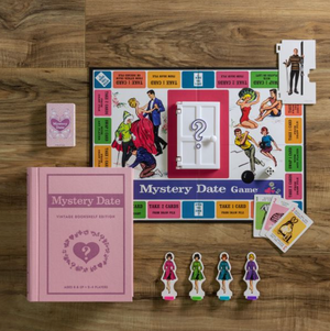 Image of the WS Game Company Mystery Date Vintage Bookshelf Edition board game, showcasing die-cast tokens, the game board, cards, playing pieces, a deck of cards, a closed door with a question mark, and a box labeled "Vintage Bookshelf Edition.