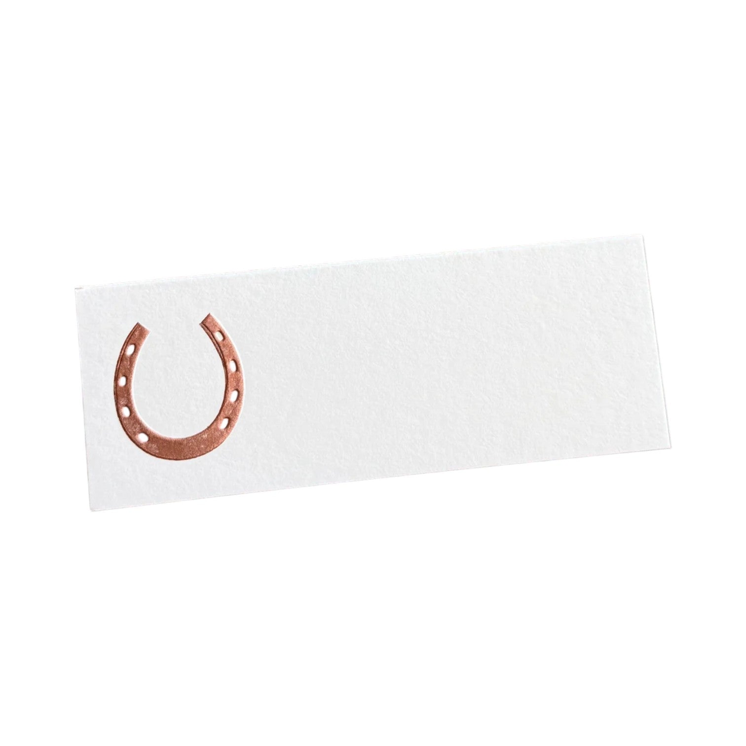 The Printery Silver Horseshoe Place Cards are rectangular white cards with a silver horseshoe on the left, ideal for engraved place cards at your next event.