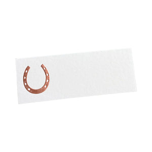 The Printery Silver Horseshoe Place Cards are rectangular white cards with a silver horseshoe on the left, ideal for engraved place cards at your next event.