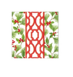Knots and Greenery square triple-ply paper napkin with a central red lattice pattern, pine sprigs, and red berries on a white, biodegradable background.