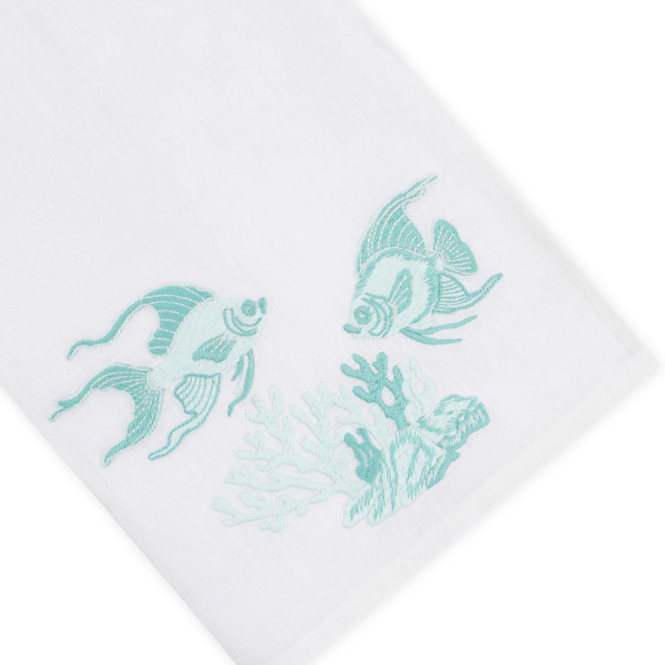 Deep Water Fish Bath Collection white premium linen hand towel featuring embroidered light blue fish and coral reef designs.