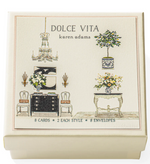 The Dolce Vita Gift Enclosures by Karen Adams include 8 cream-colored cards (2 each of 4 styles) with furniture, plant, and chandelier illustrations. Comes with envelopes—ideal for adding style to any gift.