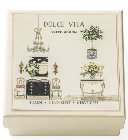 The Dolce Vita Gift Enclosures by Karen Adams include 8 cream-colored cards (2 each of 4 styles) with furniture, plant, and chandelier illustrations. Comes with envelopes—ideal for adding style to any gift.