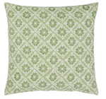 The Anju Sage Pillow by John Robshaw features hand-printed green floral medallions with a white geometric lattice diamond design.
