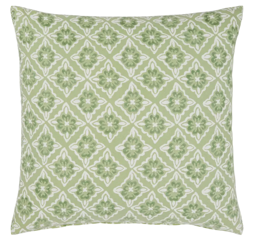 The Anju Sage Pillow by John Robshaw features hand-printed green floral medallions with a white geometric lattice diamond design.