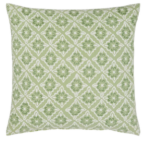 The Anju Sage Pillow by John Robshaw features hand-printed green floral medallions with a white geometric lattice diamond design.