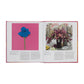 The Rose Book by Phaidon shows an open spread with a blue rose illustration on pink on the left page and a photo of an iconic city flower installation on the right, each with descriptive text beneath.