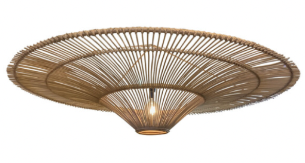 The Indonesian Bamboo Chandelier by Balsamo Antiques features a wide, circular woven bamboo design with a visible central bulb, measuring 51" in diameter and 24" in height.
