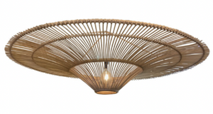 The Indonesian Bamboo Chandelier by Balsamo Antiques features a wide, circular woven bamboo design with a visible central bulb, measuring 51" in diameter and 24" in height.