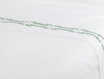 A close-up of Yves Delorme’s Couture Tuileries Bedding Collection shows luxe white PIMA cotton percale with a decorative green stitched border in a curved, repeating pattern near the edge.