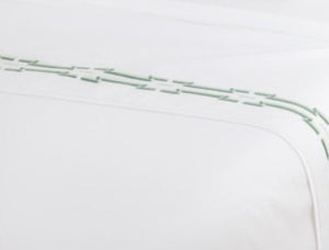 A close-up of Yves Delorme’s Couture Tuileries Bedding Collection shows luxe white PIMA cotton percale with a decorative green stitched border in a curved, repeating pattern near the edge.