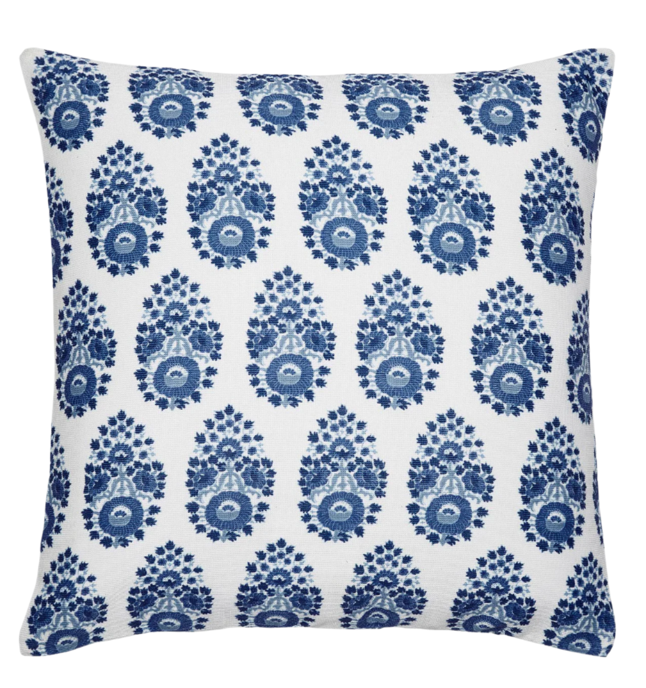 The Adira Indigo Outdoor Pillow by John Robshaw is a square white pillow with rows of blue bhuti flowers inspired by indigo block designs.