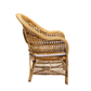 Side view of the Julianna Occasional Chair by Varnish Collection, made from natural wicker with curved armrests and a seat cushion, shown against a white background.