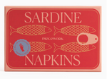 Rectangular packaging for Piecework Sardine Cocktail Napkins featuring a red sardine tin design with four gold-outlined fish and a pull tab.