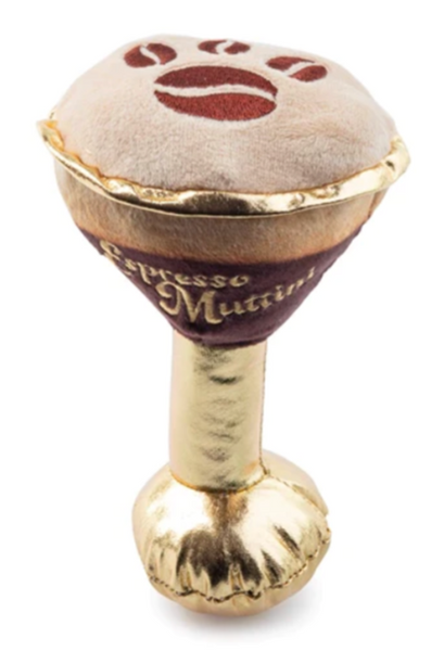 A Haute Diggity Dog Espresso Muttini plush toy designed to resemble a smiling espresso mushroom with the words "Espresso Muttini" on its stem.