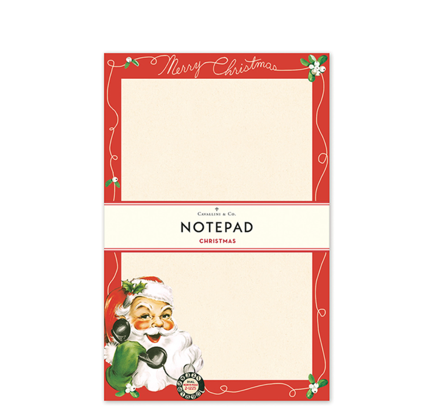 A Cavallini Papers and Co Santa Claus Notepad with two cream-colored writing sections framed by red borders and mistletoe, featuring a vintage illustration of Santa Claus holding a rotary telephone.