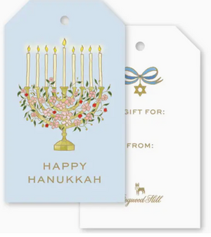 A set of 8 Garden of Sharon Menorah Gift Tags: one light blue with an illustrated menorah and “Happy Hanukkah” text, the other white with a blue ribbon, a Star of David, and “To:” and “From:” lines.
