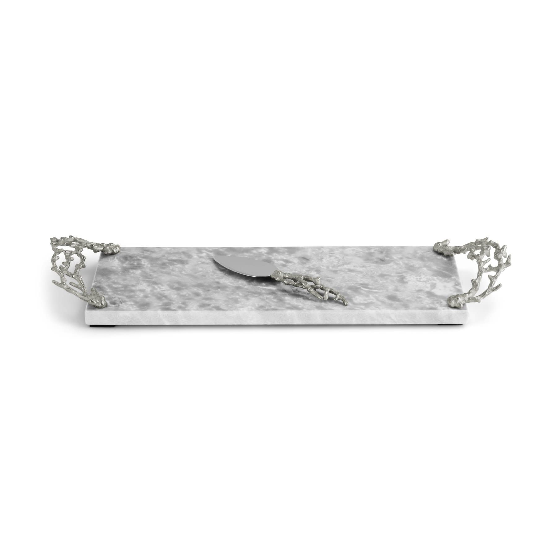 Rectangular marble serving tray with ornate silver handles from the Michael Aram Ocean Reef Serveware and Barware Collection, topped with a matching silver-handled cheese knife.