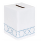 Introducing the Bamboozle Bath Collection by Haute Home: a premium linen tissue box cover in white, adorned with a blue geometric embroidered border near the base. Photographed against a clean white background, this elegant piece offers a sophisticated accent to any home décor.