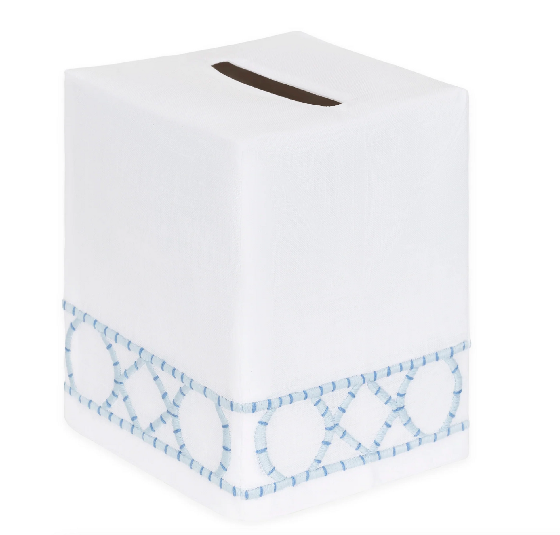 Introducing the Bamboozle Bath Collection by Haute Home: a premium linen tissue box cover in white, adorned with a blue geometric embroidered border near the base. Photographed against a clean white background, this elegant piece offers a sophisticated accent to any home décor.