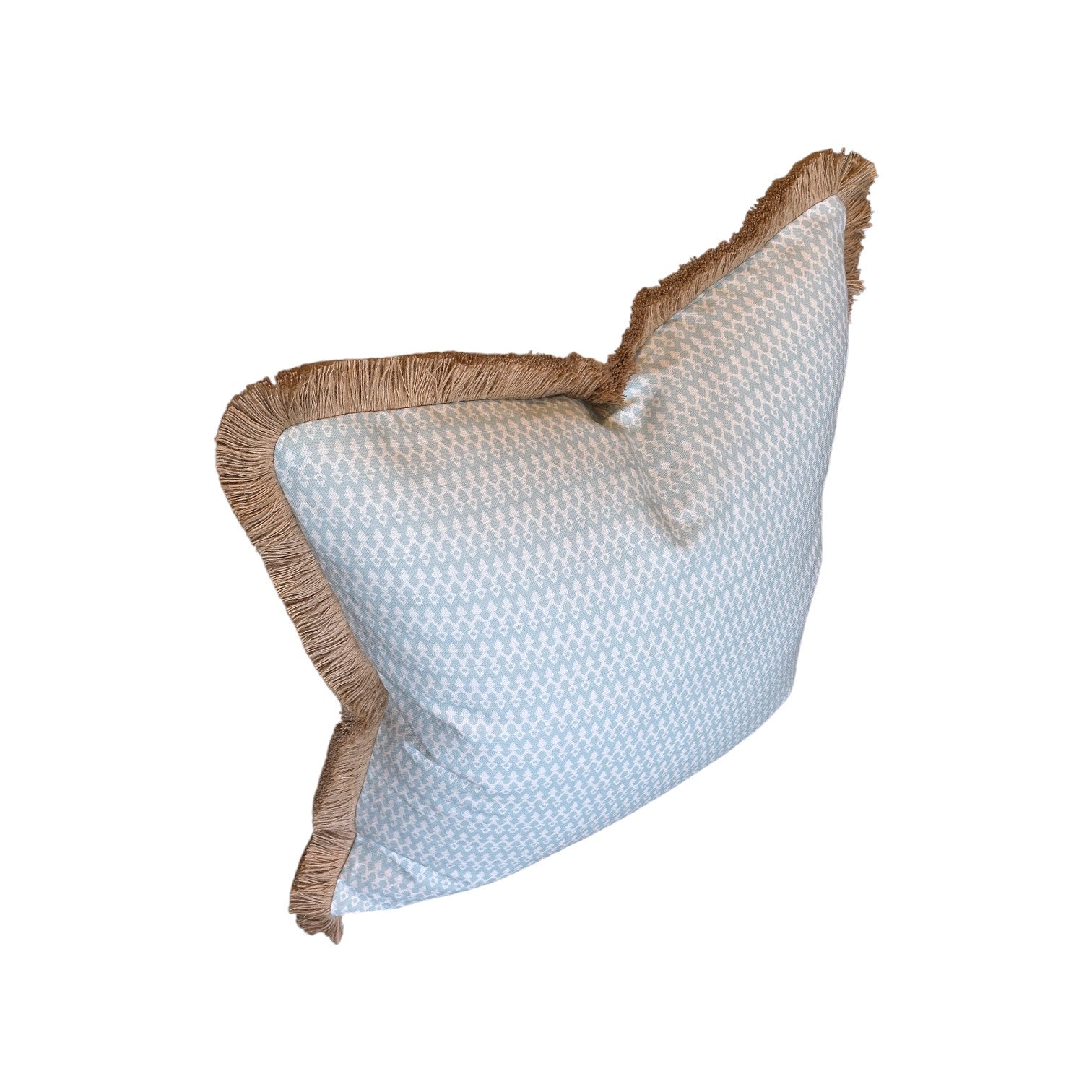 The Tea for Two Pillow by Hive Custom Pillows is a 22x22 handmade pillow featuring a light blue and white houndstooth pattern with brown fringe trim, displayed against a white background.
