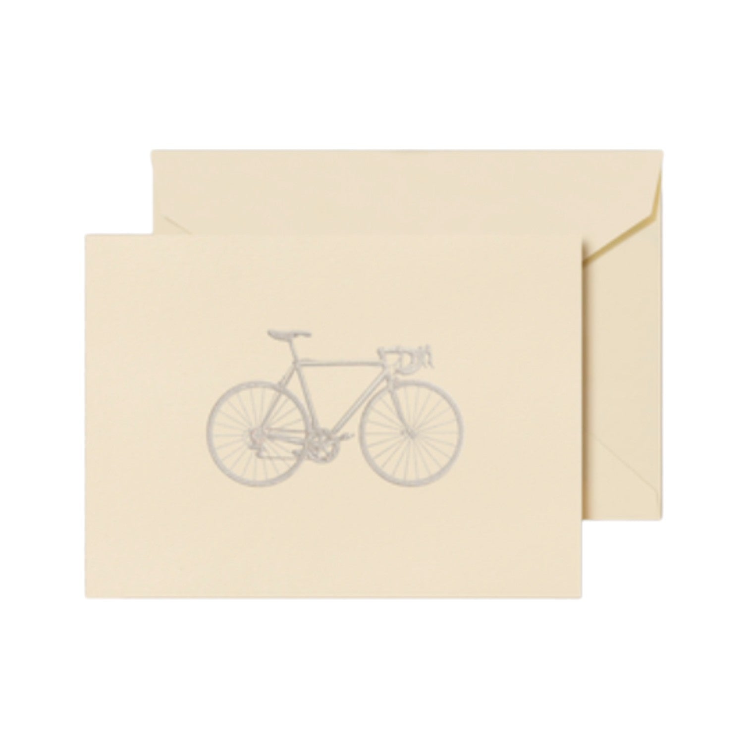 The Crane Racing Bike Note Card Set features a beige folded card with a grey racing bike illustration, paired with a matching envelope—ideal for thank you notes.